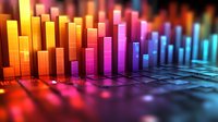 Colorful glowing audio equalizer bars in rainbow spectrum colors on reflective surface with bokeh effect, creating dynamic music visualization background.