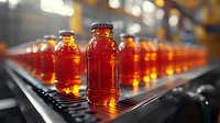 Red glass bottles filled with amber liquid on industrial production line conveyor belt, selective focus on center bottle with blurred perspective rows.