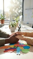 Two people with different skin tones joining hands over colorful paper cutouts of diverse figures and shapes on a bright office desk, symbolizing teamwork, unity, and inclusive collaboration in a modern workplace environment.