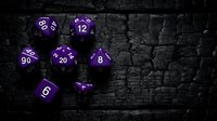 Purple polyhedral dice set with numbers displayed on dark textured stone background, suitable for tabletop gaming, role-playing games, and fantasy entertainment design projects.