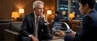 Senior businessman with gray hair and Caucasian ethnicity in dark suit discussing car purchase with younger male salesman in modern office setting at night.