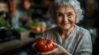 Cheerful senior Caucasian woman with gray hair holding fresh red tomato in kitchen, genuine smile and warm expression showing joy of home gardening and cooking.