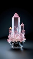 Pink quartz crystal cluster formation with pointed towers on dark matrix base, spiritual healing gemstone collection for meditation and energy work.