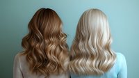 Two women showing trendy wavy hairstyles from behind, one with blonde and one with brown hair, against mint green wall, demonstrating modern hair coloring techniques.