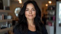 Professional brunette woman with long wavy hair smiling confidently in modern salon or spa interior with warm lighting and blurred background.