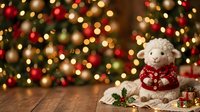 Stuffed white teddy bear wearing red knitted sweater with holly decoration, sitting on wooden surface with blurred festive lights and ornaments in background, suitable for holiday greeting cards and seasonal marketing.