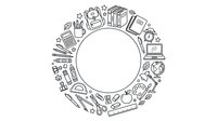 Line art illustration of school and office supplies arranged in a circular frame on transparent background, ideal for educational materials, stationery design, and clipart applications.