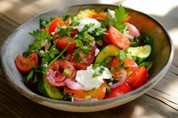 Fresh garden salad with cherry tomatoes, cucumber slices, red onion rings and herbs topped with creamy white sauce in rustic ceramic bowl on wooden surface.