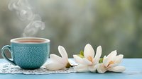 Steaming turquoise coffee cup with white magnolia flowers on lace doily against soft bokeh background, creating serene morning atmosphere.