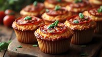 Savory muffins topped with melted cheese and fresh herbs on wooden board. Homemade baked goods perfect for breakfast, brunch or appetizers.