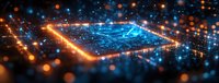 Glowing digital circuit board with orange and blue light trails creating futuristic technology landscape, abstract network connectivity concept with bokeh effect.