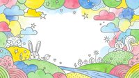 Colorful hand-drawn spring landscape frame with cute bunny, flowers, clouds and rainbow elements on white background for children design projects.