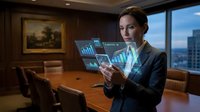 Professional businesswoman analyzing holographic financial data charts in modern corporate boardroom with city skyline view at dusk.