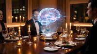 Business professionals dining with holographic brain projection technology display at elegant restaurant table with candles and wine glasses.