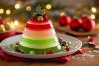 Festive layered gelatin dessert in Christmas tree shape with star topper and cranberries on white plate surrounded by holiday decorations and warm bokeh lights.
