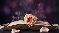 Peach rose resting on open book with magical smoke wisps and petals, romantic literature concept for wedding, love story, poetry, and fantasy storytelling projects.