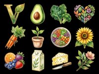 Organic vegetables and fruits collection with avocado, kale, carrot, sunflower, cheese, milk, and botanical elements isolated on transparent background. Ready for t-shirt design, clipart, stickers, and print-on-demand products.