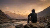 Young man sitting on rocks by mountain river at sunset watching birds fly overhead in peaceful valley landscape for meditation and mindfulness concepts.