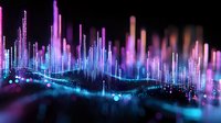 Vibrant digital audio waves and equalizer bars in neon purple and blue colors against dark background create dynamic visualization of sound frequency spectrum.