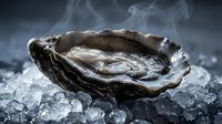 Fresh raw oyster on crushed ice with delicate steam rising, showcasing gourmet seafood elegance for restaurant menus and culinary projects.