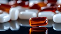 Orange transparent capsule with white pills on reflective surface, pharmaceutical medicine concept showing drug manufacturing and medical treatment background.
