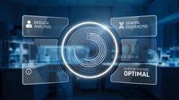Futuristic digital interface with glowing circular lens displaying biodata analysis, genome sequencing, and system status optimal for technology and science concepts.