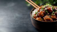 Glazed Asian chicken meatballs with sesame seeds and green onions served over steamed rice in ceramic bowl on dark background with chopsticks.