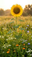 Tall sunflower blooming in a colorful wildflower meadow at golden sunset, surrounded by daisies, cornflowers, and marigolds in summer.