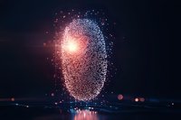 Digital fingerprint transforming into glowing particles with light effects on dark background, representing biometric security and identity verification technology.