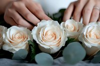 Female hands arranging cream white roses with eucalyptus leaves for wedding bouquet or floral arrangement on white surface for romantic celebration.
