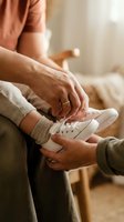 Caring hands helping elderly person put on white sneakers in warm home setting showing assistance and support for senior mobility and independence.