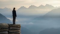 Young woman standing on wooden platform overlooking misty mountain ranges at sunrise, contemplating scenic alpine landscape with layered peaks and fog.