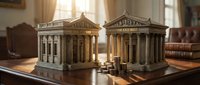 Miniature classical bank buildings with columns on wooden table in warm sunlit room representing financial institutions and banking concepts.