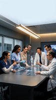 Diverse medical team collaborating around interactive digital table in modern hospital conference room discussing patient data and treatment plans.