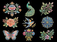 Ornamental floral and wildlife design elements isolated on transparent background. Includes peacock, butterfly, flowers, and decorative medallions. Ready for t-shirt design, clipart, stickers, sublimation, and print-on-demand projects.