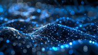 Glowing blue digital wave pattern with bokeh light effects on dark background creates futuristic network visualization representing data flow and connectivity.