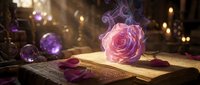 Young woman with South Asian appearance, wearing elegant attire, holding glowing pink rose with magical aura in mystical setting with purple orbs and warm bokeh lighting for fantasy, romance, and magical themes.