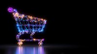 Glowing shopping cart made of bright neon lights and sparkles against dark background, symbolizing digital commerce and online retail business concept.