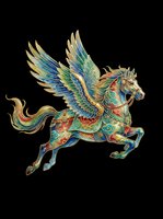 Ornate winged horse with colorful armor and gold details, isolated on transparent background, ready for t-shirts, stickers, sublimation, and print on demand.