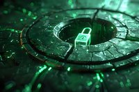 Glowing green padlock on futuristic circular circuit pattern represents cybersecurity and digital data protection in modern technology environment.