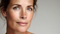 Middle-aged Caucasian woman with natural makeup, blue eyes, and subtle freckles gazing confidently at camera against neutral background. Perfect for beauty, aging, and skincare campaigns.