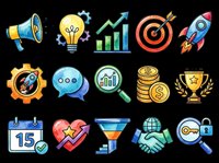 Business growth and success icons set with megaphone, lightbulb, chart, target, rocket, gears, chat, magnifying glass, calendar, heart, funnel, handshake, trophy, coins, and padlock. Isolated on transparent background, ready for t-shirts, clipart, stickers, and print-on-demand designs.