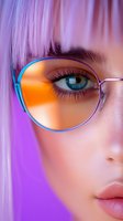 Close-up portrait of young Asian woman with pink hair wearing stylish blue and orange tinted glasses against purple background, focusing on bright blue eye and eyewear.