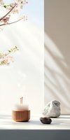 Minimalist zen composition with aromatic diffuser, natural stones and cherry blossom branches against white wall with soft window shadows. Spa and wellness concept.