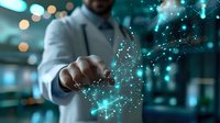 African American businessman touching digital network visualization with glowing turquoise particles, representing future technology and innovation in corporate environment.