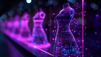 Glowing neon mannequins with digital pattern overlay in fashion boutique window display. Purple and blue futuristic retail concept with sparkle effects.