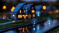 Glowing smart home icons floating over miniature houses at dusk with bokeh lights, representing modern home automation and IoT technology integration.