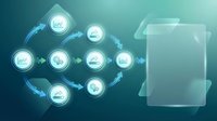 Digital workflow automation process with glowing icons connecting to mobile device interface on turquoise gradient background for business technology solutions.
