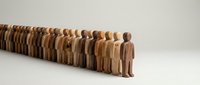 Wooden figures standing in a row representing teamwork, unity, community, organization, and business concepts for corporate presentations.