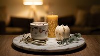Marble tray with lit candles, ceramic cup and dried botanicals creates warm, minimalist home decor arrangement for interior styling and wellness content.